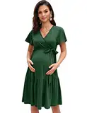 KOJOOIN Damen Umstandskleid V-Ausschnitt Stillkleid Casual Schwangerschafts Kleider mit Rüsche Dunkelgrün(Kurzarm) L