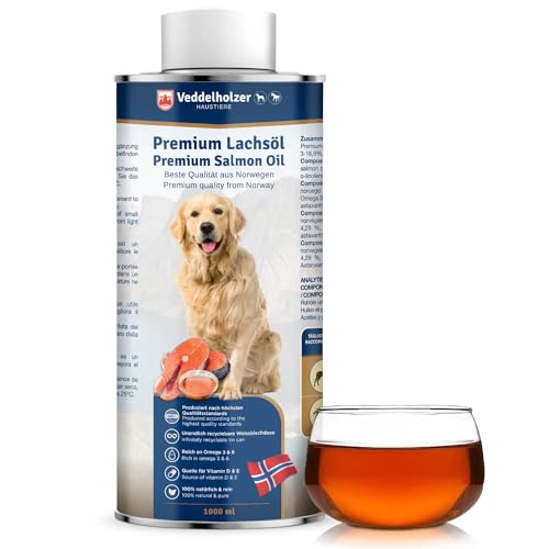 Veddelholzer Lachsöl für Hunde 1 Liter in recycelbarer Weißblechdose Ideale Hochwertige Nahrungsergänzung Mit Omega3 Fettsäuren & Vitamin E Nachhaltiges Fischöl für Hund Pferd & Umwelt