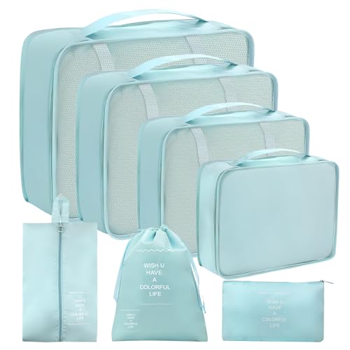 RISVOWO 7 Teilige Koffer Organizer Set, Packing Cubes für Kleidung, Ordnungssystem für Koffer, Organizer Packtaschen mit Kosmetiktasche, Schuhbeutel, Travel Organizer Packtaschen für Koffer (Blau)