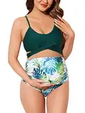 Summer Mae Umstands-Bikini, überkreuzt, hohe Taille, String, Blumen-Badeanzug, zweiteilig, Schwangerschafts-Bademode, Beigefarbenes zartes Blattwerk, Medium