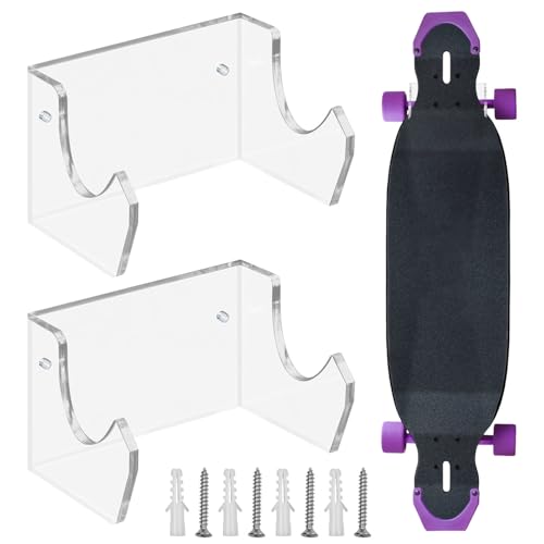 Skateboard Wandhalterung, Longboard Halterung Wand, Snowboard Wandhalterung für Wohnzimmer Garage Wand Skateboard Deck Display und Lagerung, Platzsparendes, Acryl, 2 Stück, Transparent