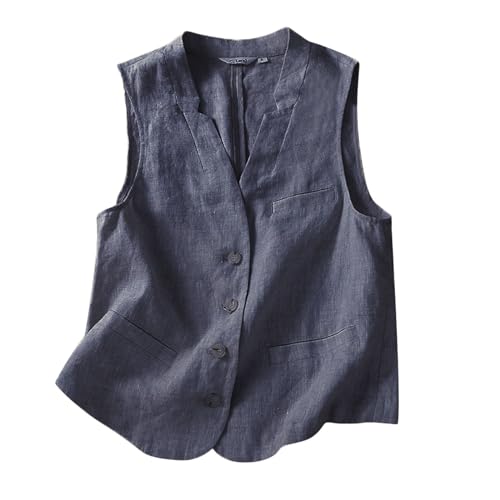 Generisch 2025 Damen-Weste aus Baumwolle und Leinen, lässig, lockerer V-Ausschnitt, ärmellose Weste Mädchen Winterjacke (Navy, M)