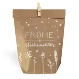 Weihnachtstüten Geschenktüten Set - Frohe Weihnachten, mit 24 gestempelten Kraftpapiertüten & Mini-Holzklämmerchen, Geschenkverpackung für Plätzchen, Kekse, Weihnachtsgeschenke, 14 x 22 cm