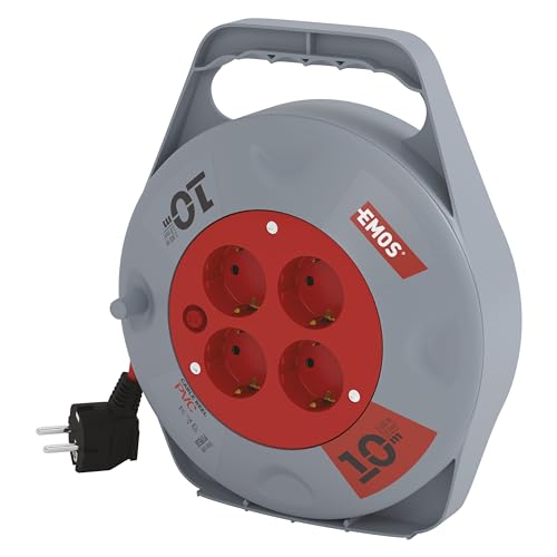 EMOS - Mini-Kabeltrommel 10m - 4 Schuko-Steckdosen - 230 V, 10 A, 2300 W - hochwertige PVC-Isolierung - H05VV-F3G 1,0 mm2 - mit Thermoschalter - IP20 für Innen