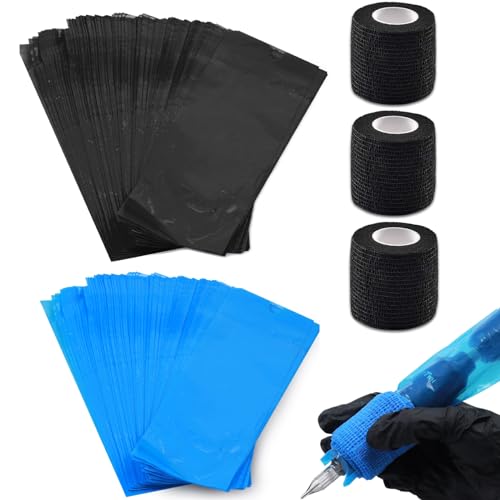 400PCS Maschinenstiftabdeckungen mit 3PCS Griffschalen,200PCS Schwarz Blau Tattoo Pen Bags Pen Machine Sleeves und 3PCS Black Grip Tapes für Tattoo Artist Tattoo Supplies