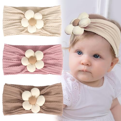 Irikdescia 3 Stück Baby-Stirnbänder, Baby-Mädchen-Nylon-Blumen-Stirnbänder, Weiche Haarbänder, Haar-Accessoires, für Neugeborene, Kleinkinder, Kinder (Beige, Rosa, Khaki)