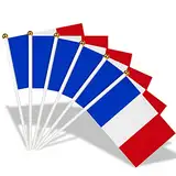 AhfuLife Klein Frankreich Flagge, 15 Stück Französische Mini Handgehaltene Flaggen mit 30cm weißem Pole für 2025 Damen Fußball EM Eurovision WM Olympische Party Zuhause Garten Bar Deko（14×21 cm-10m）