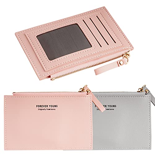 BETESSIN 2 STK Geldbeutel Kleine Portemonnaie Multi Slots PU Leder Brieftasche Schlanke kartenetui Mini Geldbörse Für Damen und Herren 9.5 * 14 * 0.5cm (Rosa und Grau)