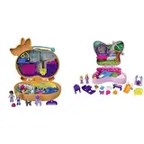 Polly Pocket GTN13 - Corgi-Hundehotel Schatulle im Haustierhotel-Design, 2 Hundefiguren, ab 4 Jahren & GTN21 - Schmetterlingsgarten-Schatulle, 2 kleine Puppen, 5 Überraschungen, ab 4 Jahren