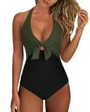 DOULAFASS Badeanzug Damen V-Ausschnitt Sexy Bademode Bauchweg Badeanzug Neckholder Einteiliger Swimsuit