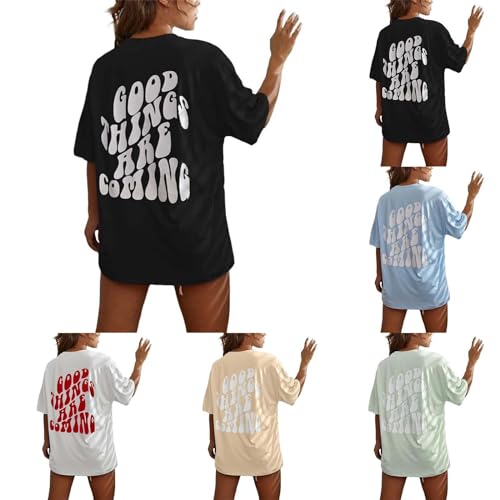 sale angebote, Sport Tshirt Damen Oversized Shirt Bluse mit Backprint aesthetic T-shirt Gym Oberteil Shirt Oversize Mit Aufdruck Rundhals Basic T shirts Coole Sachen für Teenager Mädchen Schwarz, L