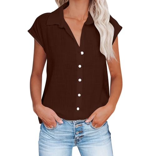 Keepink Damen-Leinenhemd, Flügelärmel, V-Ausschnitt, Button-Down-Shirt, locker, elegant, lässig, elegant, Kragen, Arbeit, Büro, Bluse, Sommer-Top, Ausgehen, T-Shirts groß, 7 Braun, 36