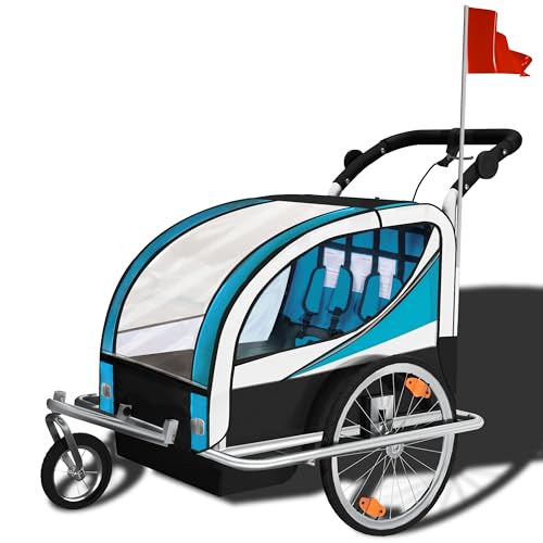 SAMAX Fahrradanhänger Jogger 2in1 360° drehbar Kinderanhänger Kinderfahrradanhänger Transportwagen vollgefederte Hinterachse für 2 Kinder in Blau - Silver Frame