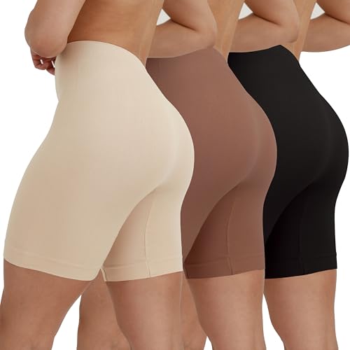 INNERSY Kurze Radlerhose Damen Leggings Kurz Unter Kleidern Chub Rub Shorts Radlershorts 3 Pack (3XL/48, Schwarz/Beige/Braun)