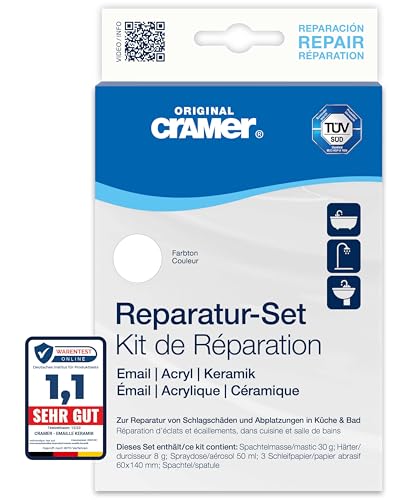Cramer Reparatur Set reinweiss - für Badewannen, Duschwannen & Waschbecken - professionelle Lösung zur Behebung von Schlagschäden und Abplatzungen auf Emaille, Keramik und Acryl