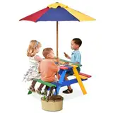 GOPLUS Kindersitzgruppe Outdoor, Picknicktisch Gartenmöbel Set für Kinder ab 3, Kindersitzgarnitur mit Bänken & Sonnenschirm abnehmbar, Kindertisch aus Tannenholz bis 60kg belastbar, Bunt