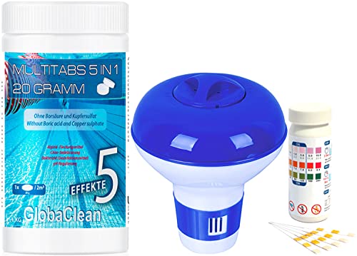 GlobaClean Pool Starter Set 3 in 1 - Pool Wasserpflege Set - Multitabs Chlor 5 in 1 (20 g), Chlordosierer, Teststreifen - perfektes Zubehör