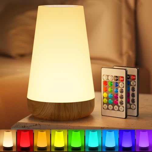 Nachttischlampe Touch Dimmbar, LED Nachtlicht 13 Farben/5 Helligkeitsstufen, Kabellose Tischlampe USB Aufladbar mit Timing Funktion, Schlafzimmer Kinderzimmer - 2xFernbedienung