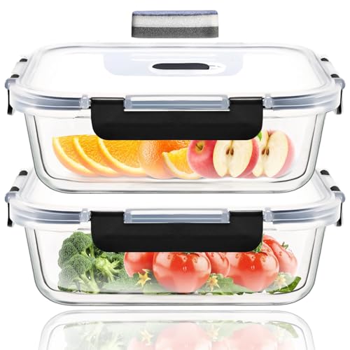 ERUIV Glasbehälter Mit Deckel, [2 Behälter + 2 Deckel] Glasschüssel Mit Deckel-1040ml, Mikrowellengeschirr Glas, Tragbar Meal Prep Container, Retain Freshness Glass Container With Lid, BPA free
