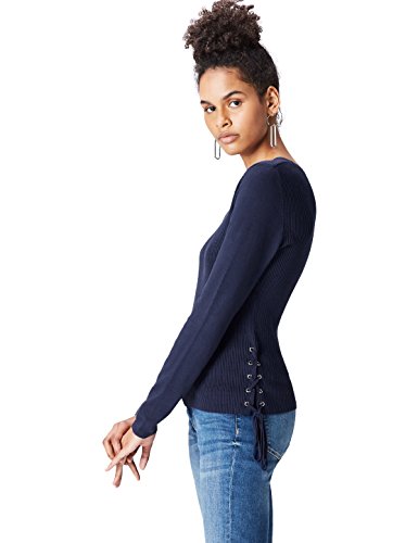 find. Pullover Damen mit Feinripp, glatten Ärmeln, rundem Ausschnitt und Schnürdetails, Blau (Navy), 36 (Herstellergröße: Small)