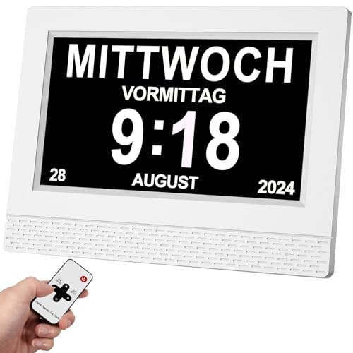 SINOIDEAS 3.0 Upgrade- 7 Zoll Digitale Kalender，Senioren Uhr，Demenz Uhr mit Erinnerungsfunktion，Uhr mit Datum und wochentag (Weiß mit Fernbedienungr)