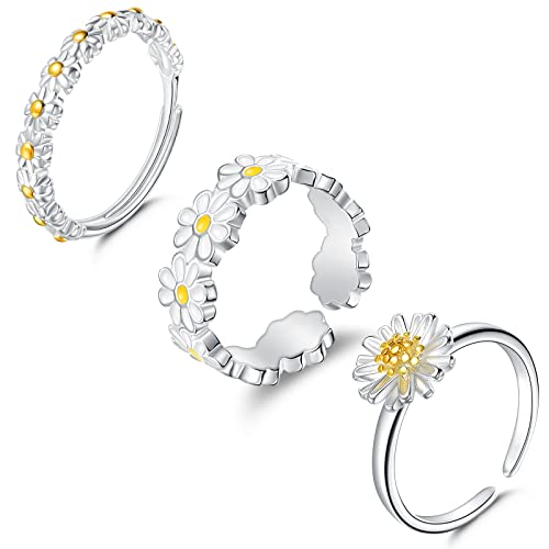 Yaomiao 3 Stück Damen Verstellbare Gänseblümchen Ringe Silber Offene Ringe Verstellbarer Blumen Fingerring für Herren Hochzeit Angst Blumenring Stapelbare Ringe für Frauen Mädchen Schmuck