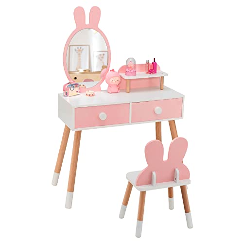 DREAMADE 2 in 1 Kinder Schminktisch mit Hocker und abnehmbarem Spiegel, Kinderschminktisch aus Holz, Prinzessin Frisiertisch Kosmetiktisch mit Schublade für Kinder Mädchen ab 3 Jahren (Rosa)