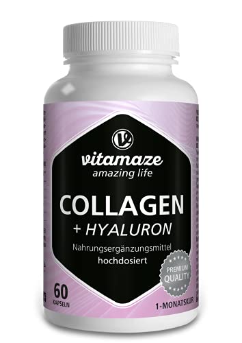 Collagen Kapseln hochdosiert + Hyaluron-Säure + Chondroitin + Lysin, 600 mg reines Kollagen Hydrolysat pro Tag, 60 Kapseln für 1 Monat, Bioaktiv & ohne Zusätze, Made in Germany