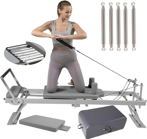 LINTRY Pilates Reformer Maschine, faltbare Pilates-Ausrüstung für Heimtraining, faltbarer Pilates-Reformer-Anzug, für Reformer-Körperausdauer, Dehnung, Balance-Übung, Workout (Off-White)