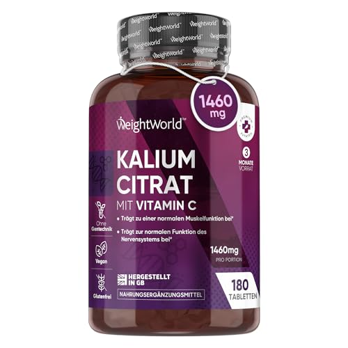 Kalium Tabletten - 1460mg je Tagesdosis (80mg Vit C & 1380mg Kaliumcitrat) - 180 vegane Stück - 500mg aktive Potassium - Muskelaufbau & Elektrolyte (EFSA) - Alternative zu Kaliumchlorid - WeightWorld