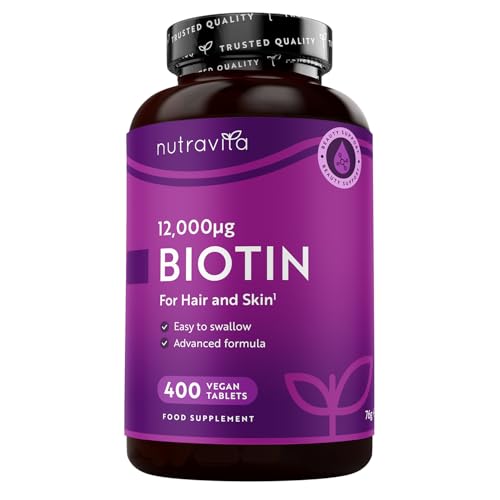 Biotin Hochdosiert 12000mcg, Haar Vitamine - 400 Vegan Biotin Tabletten für 1+ Jahr Vorat, Vitamin B7 - Haut Haare Nägel (EFSA) - Haarvitamine für Frauen - Hair Vitamins bei Nutravita