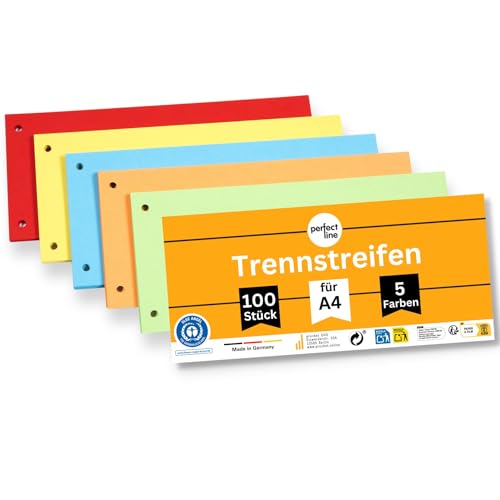 perfect line • 100 Trennstreifen für Ordner A4, Trennblätter aus Recycling-Karton, 5 Farben, gelocht, Made in Germany