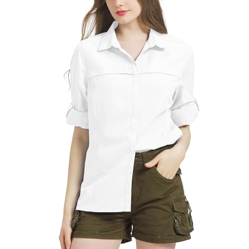 Bluse Damen UPF 50 UV Shirt Damen Safari Kleidung Damen Quick Dry Outdoor Wanderhemd Casual Tops Sport Oberteile Langarmshirt White-M