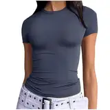 Komiseup Tshirt Damen Slim Fit Y2K Crop Tops Eng Stretch Sportshirt Basic Rundhals Shirt Elegant Einfarbig Unterhemd Kurzarm/Langarm Oberteile Teenager Mädchen Streetwear Athletisches Top Yoga Shirt