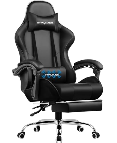 GTPLAYER Bürostuhl Gaming Stuhl Massage Chefsessel Ergonomischer Gamer Stuhl mit Fußstütze, Kopfstütze Massage-Lendenkissen, Gepolstert Gaming Chair, Drehsessel Schwarz