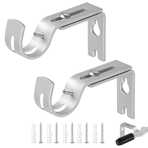 KOZOY Verstellbare Gardinenstangen Halterung, Ø20-25mm Premium Metall Wandhalterung 2 Stück Silber Vorhangstange Halter mit Dübelschrauben für Schlafzimmer Kleiderstange Spannstange