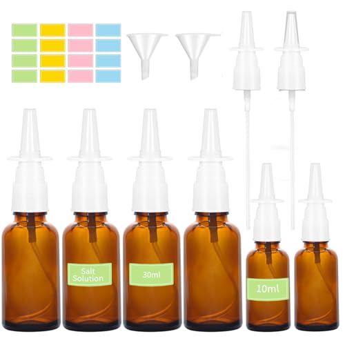 YSWOVUO 6 Stück Nasenspray Flasche Leer, 30ml+10ml Glas Nasensprayflasche mit Düsen Trichter Etiketten, Wiederverwendbar Nachfüllbare Nasen Sprühflaschen klein für Parfüm ätherische Öle Kochsalzlösung