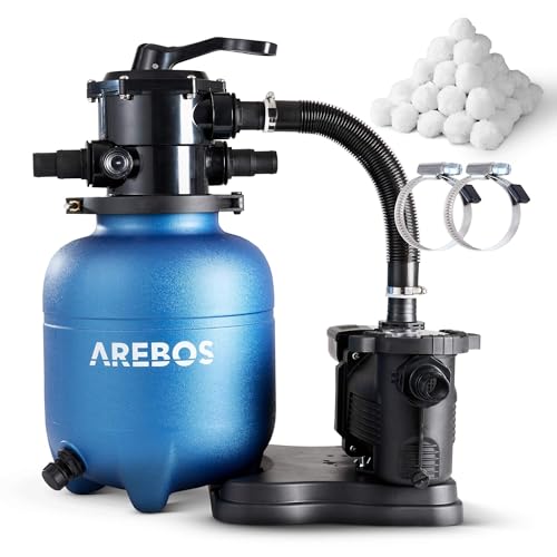 Arebos Sandfilteranlage mit Pumpe inkl. 600g Filterbälle | Blau | 350W | 10.000 L/h | Tankvolumen bis zu 20 kg Sand | 7 - Wege Ventil mit Griff | mit Druckmanometer | Poolfilter