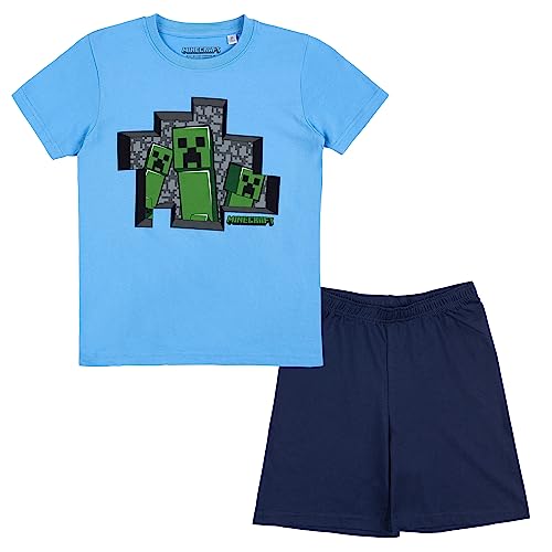 Minecraft Jungen Pyjama kurzarm Schlafanzug Creeper Design Nachtwäsche (DE/NL/SE/PL, Numerisch, 140, Regular, Royalblau)