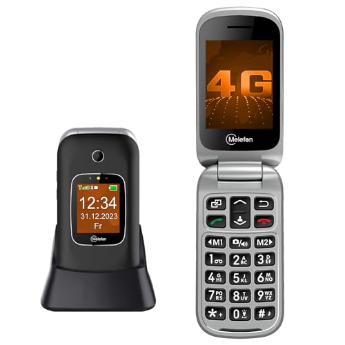 Melefon 4G Flip Handy für ältere Menschen, Telefon mit großer Taste, lauter Lautstärke, 2,4+1,44 Zoll Bildschirm, SIM frei freigeschaltet, SOS Taste, USB Typ C, Ladestation