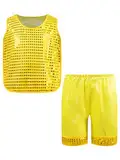 HULIJA Kinder Jungen Tanz Bekleidung Set Ärmellos Tanz Tank Top mit Pailletten + Tanzshorts Glämzend Tanzanzug Hip Hop Training Gelb 158-164