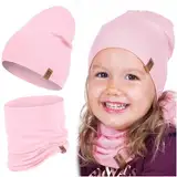 HEYO Kinder Set Beanie Mütze Schlauchschal Baumwolle Rundschal weich Mädchen Jungen Herbst Frühling Frühlingsset Herbstset (Rosa)