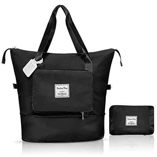 flintronic Reisetasche Damen, Faltbare Reisetasche, Sporttasche, Handgepäck Tasche, Wasserdicht Travel Bag Duffle Bag, Trainingstasche, Handtasche für Sport & Reisen (Mit 1 Gepäckanhänger)-Schwarz