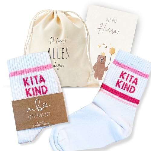 MeinBaby123® Kitakind Socken | Geschenk Kindergarten | Geschenkidee Kindergarten | Outfit Kindergarten | Kindergartenkind 2025 | Tennissocken | Bunt (DE/NL/SE/PL, Numerisch, 25, 28, Rosa (2-4 Jahre))