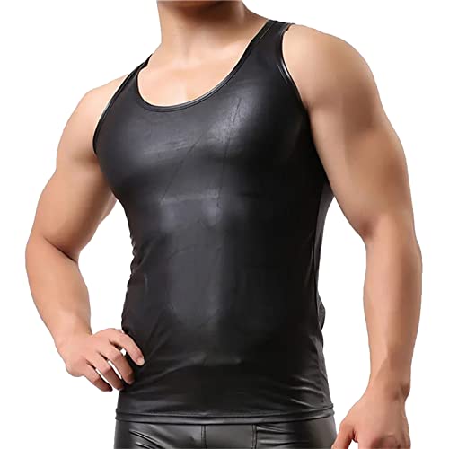 Leder Lack Latex Optik Schwarz Männer Unterwäsche Muskel Top Vinyl Oberteil Stretch Hemd Tops Clubwear Männer Dessous Latex Top Gay Unterwäsche Herren Swingerclub Freizeithemd