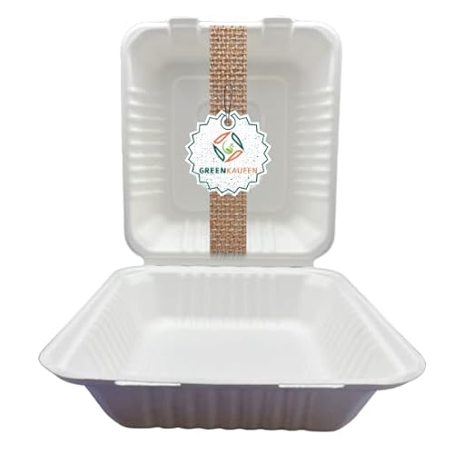 Greenkaufen Bio (50 Stück) Bagasse Einweg Warmhalte- Hamburger Box Giant XXL, 200x215x80 mm, weiß Menüboxen un-geteilt, Snackboxen,umweltfreundiche biologischabbaubar Verpackungsboxen (1)