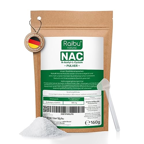 Raibu NAC Pulver 160g pro Beutel für mehr als 6 Monate - NAC Acetyl L-Cystein in bester Qualität - N-Acetyl-Cystein Pulver 100% rein und ohne Zusätze in Deutschland produziert