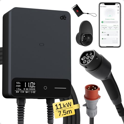 dé Typ 2 Wallbox 11kW mit APP und RFID, 6-16A 3-Phasen EV-Ladegerät 400V mit 7,5m Ladekabel und Kabelhalter für BEV/PHEV, RCD Typ-B & IP54-Schutz, effiziente Ladestation für Zuhause, schwarz