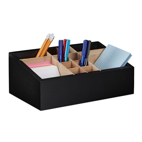 Relaxdays Schreibtisch Organizer, 12 Fächer, verstellbar, Bambus & MDF, Badorganizer, HBT 12 x 30 x 18 cm, schwarz/Natur