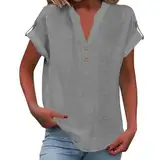 Musselin Bluse Damen Oversized Kurzarm V-Ausschnitt Tshirt mit Knöpfen Leinenbluse Leinen Shirt Leichte Lose Blusen